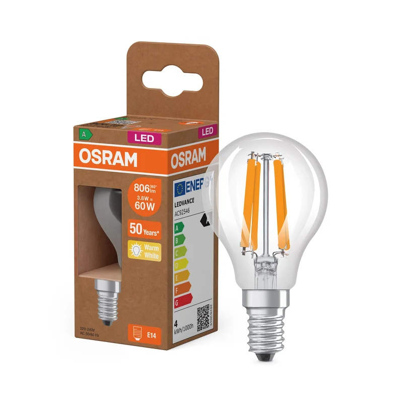 OSRAM Classe Énergie Ampoule LED, 3.8W, Clair, EEK A, 806lm, E14, Blanc chaud