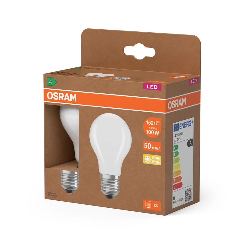 OSRAM LED Superstar Classic Lampe givrée, 7.2W, EEK A, E27 blanc chaud lot de 2, blanc chaud