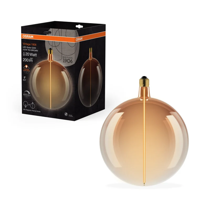 OSRAM Vintage 1906® Ampoule LED décorative grande avec filament - Style magnétique LED-Lampe Tea Brown, dimmable, 4.8W, E27, GLOBE, Blanc chaud confortable