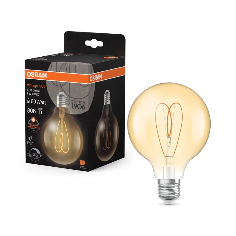 OSRAM Vintage 1906 Globe LED-Lampe Or, 8W, 806lm, 95mm, Blanc chaud confortable, E27