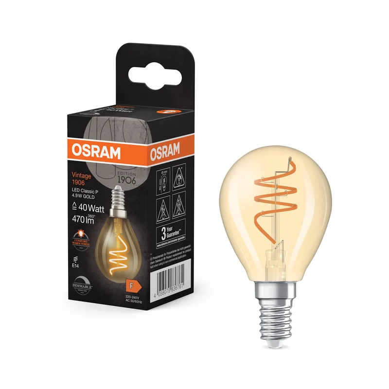 OSRAM Vintage 1906 Classique LED-Lampe Or, 4.9W, 470lm, E14, Blanc chaud confortable