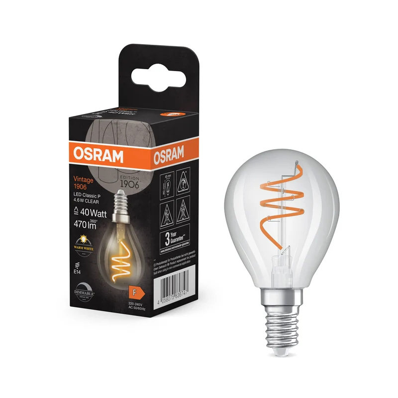 OSRAM Vintage 1906 Classique LED-Lampe Claire, 4.6W, 470lm, E14, Blanc chaud