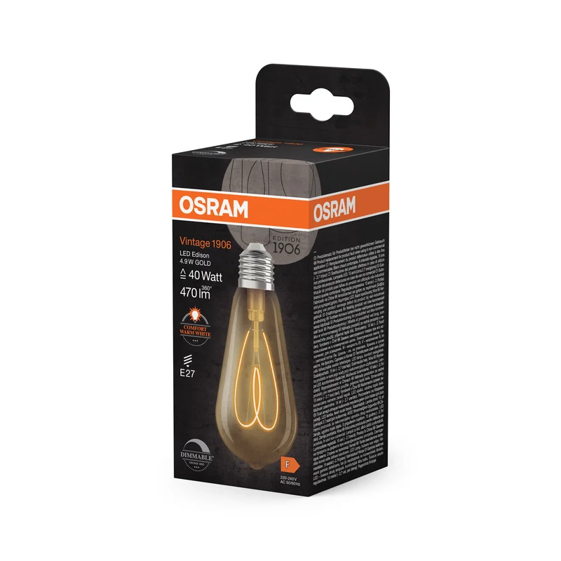 OSRAM Vintage 1906 Edison LED-Lampe Or, 4.9W, 470lm, E27, Blanc chaud confortable