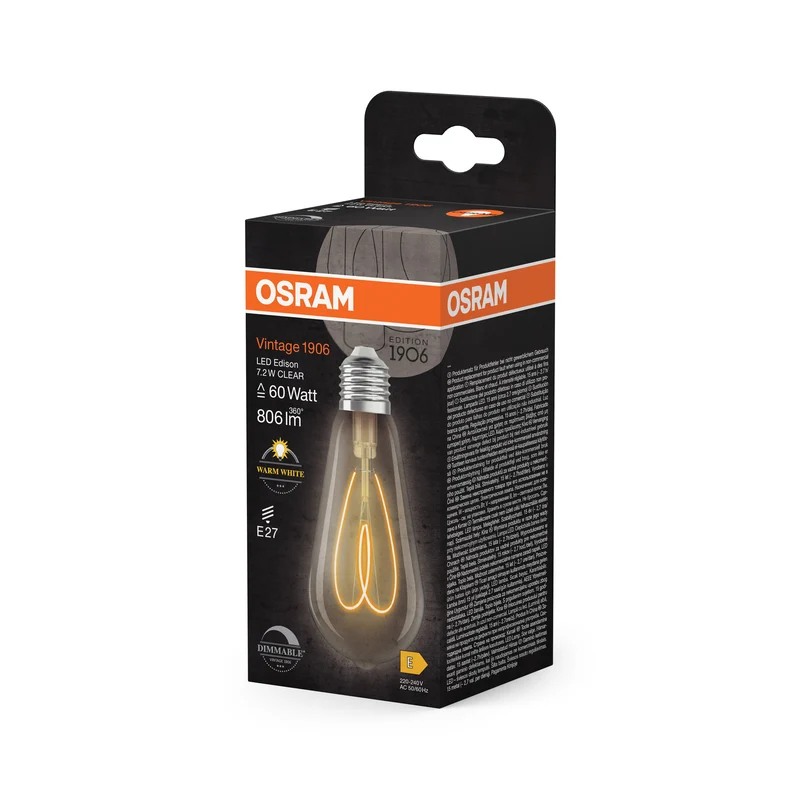 OSRAM Vintage 1906 Edison LED-Lampe Clair, 7.2W, 806lm, E27, Blanc chaud