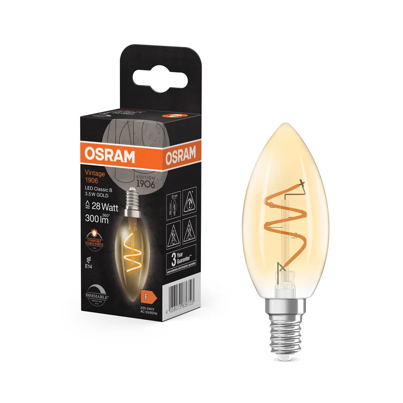 OSRAM Vintage 1906 Classique LED-Lampe Or, 3.5W, 300lm, E14, Blanc chaud confortable