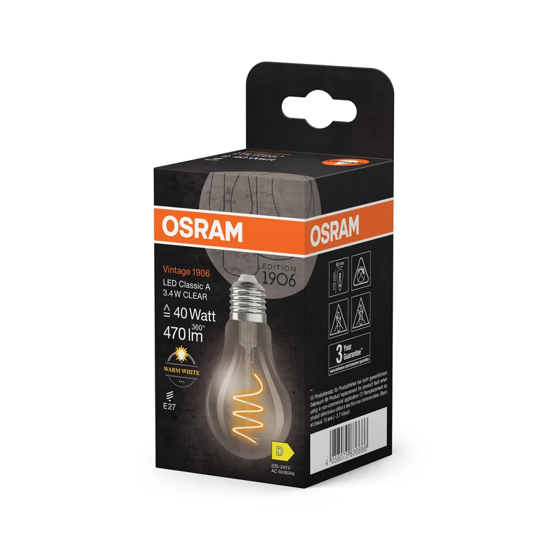 OSRAM Vintage 1906 Classique LED-Lampe Clair, 3.4W, 470lm, E27, Blanc chaud