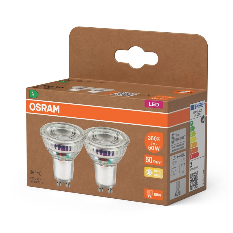 OSRAM Classe Énergie LED-Reflektor-Lampe, 2W, 360lm, GU10, Blanc chaud