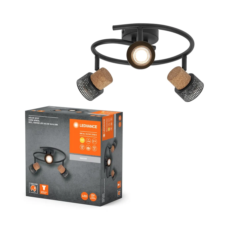 LEDVANCE SPOT DÉCOR CORK Spiral Plafonnier, 3 x 3,4W, 690lm, noir