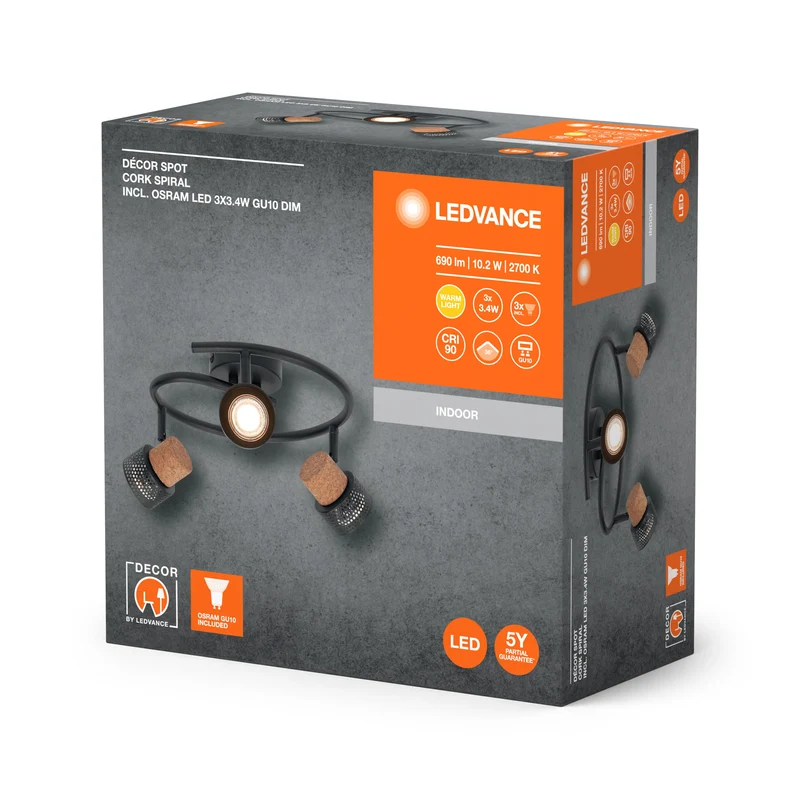 LEDVANCE SPOT DÉCOR CORK Spiral Plafonnier, 3 x 3,4W, 690lm, noir