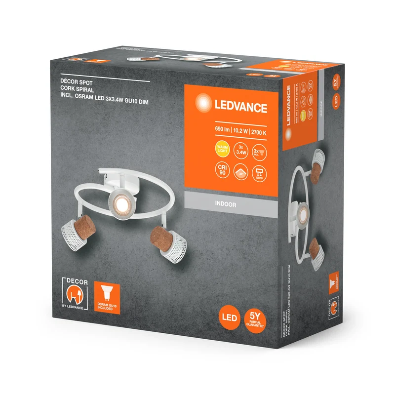 LEDVANCE SPOT DÉCOR CORK Spiral Plafonnier, 3 x 3,4W, 690lm, blanc