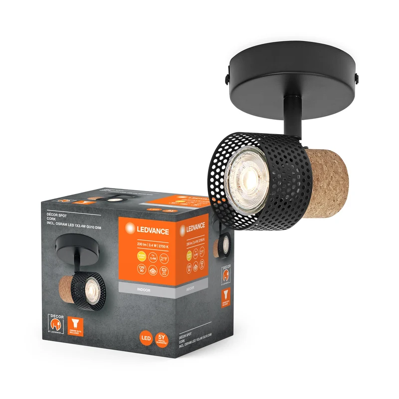 LEDVANCE SPOT DÉCOR CORK Plafonnier, 1 x 3,4W, 230lm, noir