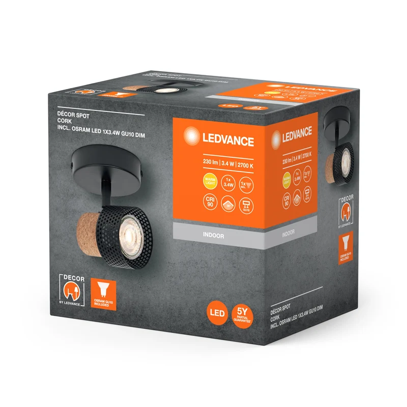 LEDVANCE SPOT DÉCOR CORK Plafonnier, 1 x 3,4W, 230lm, noir