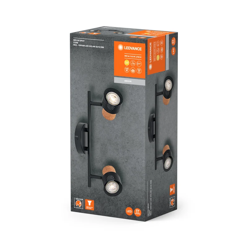 LEDVANCE SPOT DÉCOR CORK Plafonnier, 2 x 3,4W, 460lm, noir