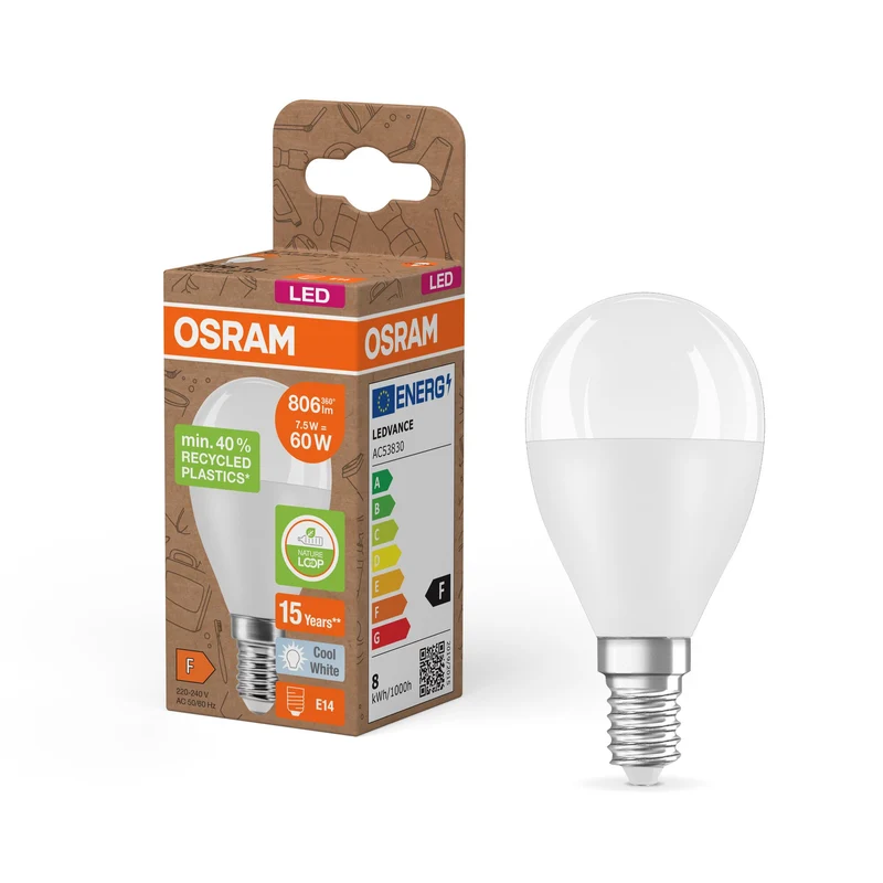 OSRAM LED Star Classic P 60 lampe Recycled Plastic 7.5W blanc froid Frosted E14