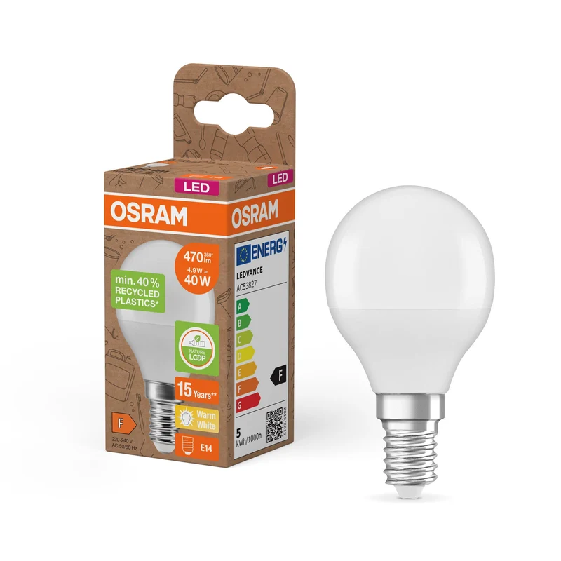 OSRAM LED Star Classic P 40 lampe Recycled Plastic 4.9W blanc chaud Frosted E14