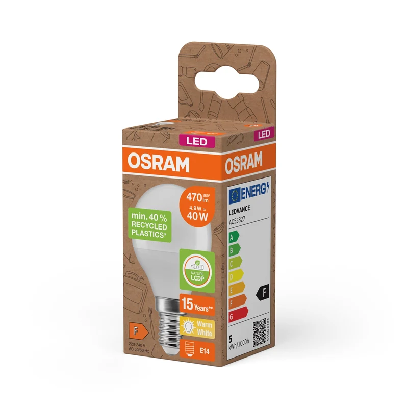 OSRAM LED Star Classic P 40 lampe Recycled Plastic 4.9W blanc chaud Frosted E14