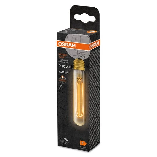 OSRAM Ampoules LED dimmables, 1906 Édition Vintage, 40 Watts de rechange, E27, Tubulaire, 2200 Kelvin, Lumière Confortable Chaude, Verre clair, paquet simple, E27