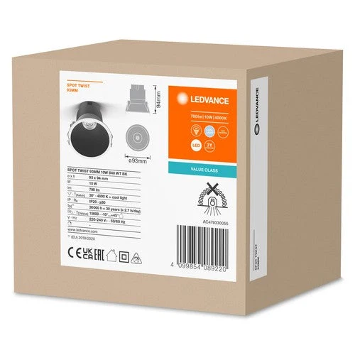 LEDVANCE SPOT TWIST Ø 93mm Downlight, noir, 10W, 800lm, 840 WT