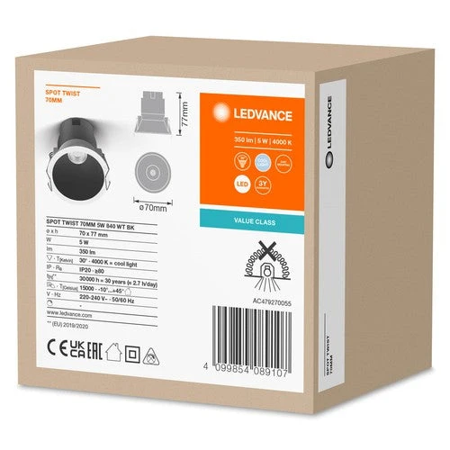LEDVANCE SPOT TWIST Ø 70mm Downlight, noir, 5W, 400lm, 840 WT