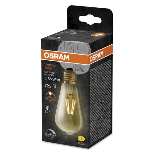 OSRAM Ampoules LED à intensité variable, édition Vintage, remplacement de 55 watts, E27, ST64-shape, 2400 Kelvin, Comfort warm white, verre clair, single pack, E27