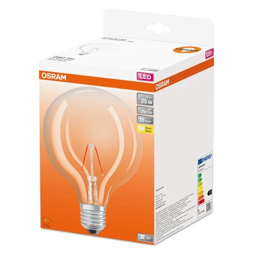 Ampoules LED OSRAM, forme de boule classique, remplacement de 25 watts, E27, G125, 2700 Kelvin, blanc chaud, verre transparent, single pack