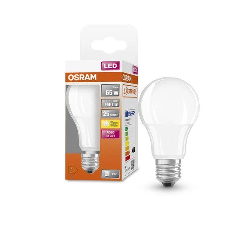 OSRAM ampoules LED, forme classique en ampoule, 12V-36V, remplacement 65 watts, E27, forme A, 2700 Kelvin, blanc chaud, mat, paquet simple