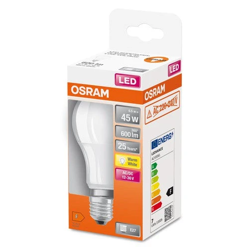 OSRAM ampoules LED, forme classique en ampoule, 12V-36V, remplacement 45 watts, E27, forme A, 2700 Kelvin, blanc chaud, mat, paquet simple