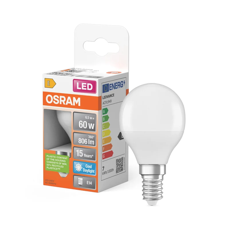 Ampoules LED OSRAM, forme miniature classique, remplacement de 60 watts, E14, P-shape, 6500 Kelvin, lumière du jour froide, mates