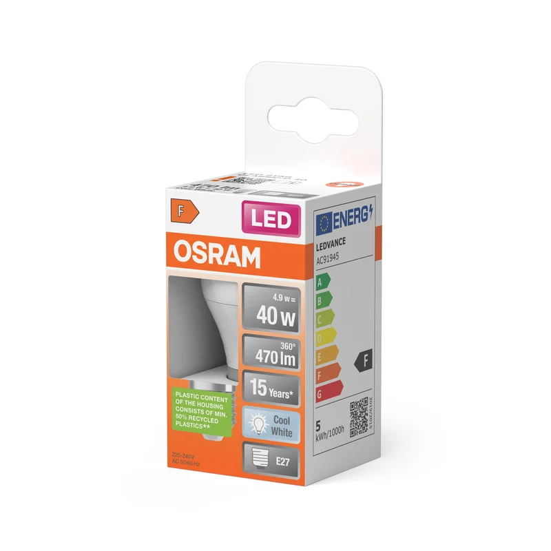 Ampoules LED OSRAM, forme classique de mini-boule, remplacement de 40 watts, E27, P-shape, 4000 Kelvin, blanc froid, mat, single pack
