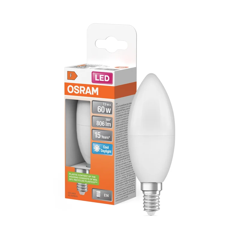Ampoules LED OSRAM, forme classique de mini bougie, remplacement de 60 watts, E14, B-shape, 6500 Kelvin, lumière du jour froide, mates