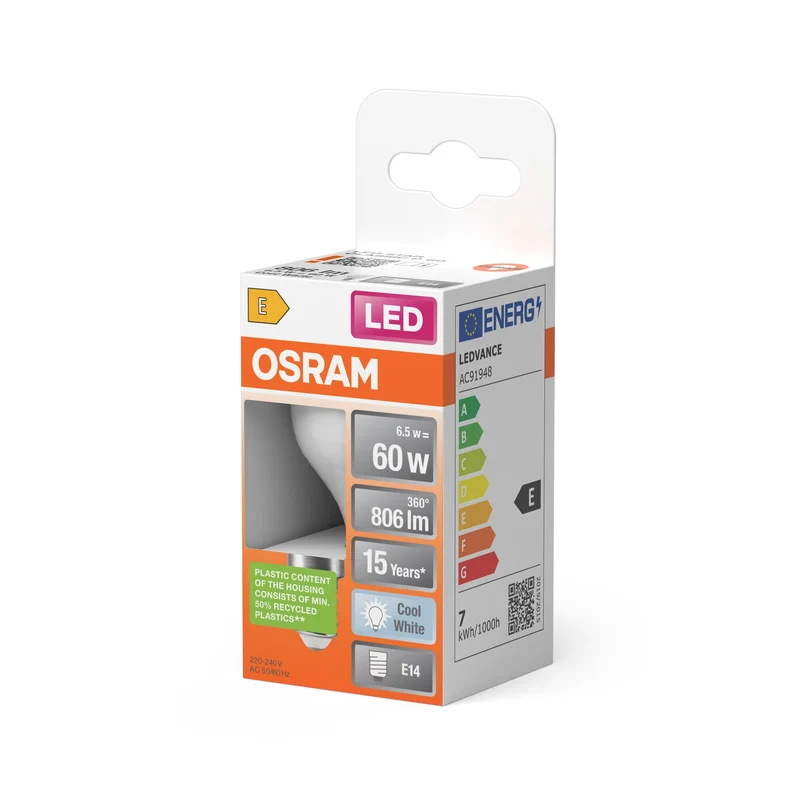 Ampoules LED OSRAM, forme classique de mini-boule, remplacement de 60 watts, E14, P-shape, 4000 Kelvin, blanc froid, mat