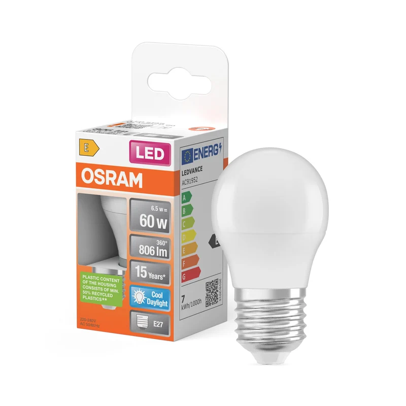 Ampoules LED OSRAM, forme miniature classique, remplacement de 60 watts, E27, P-shape, 6500 Kelvin, lumière du jour froide, mat, single pack