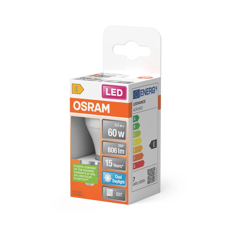 Ampoules LED OSRAM, forme miniature classique, remplacement de 60 watts, E27, P-shape, 6500 Kelvin, lumière du jour froide, mat, single pack