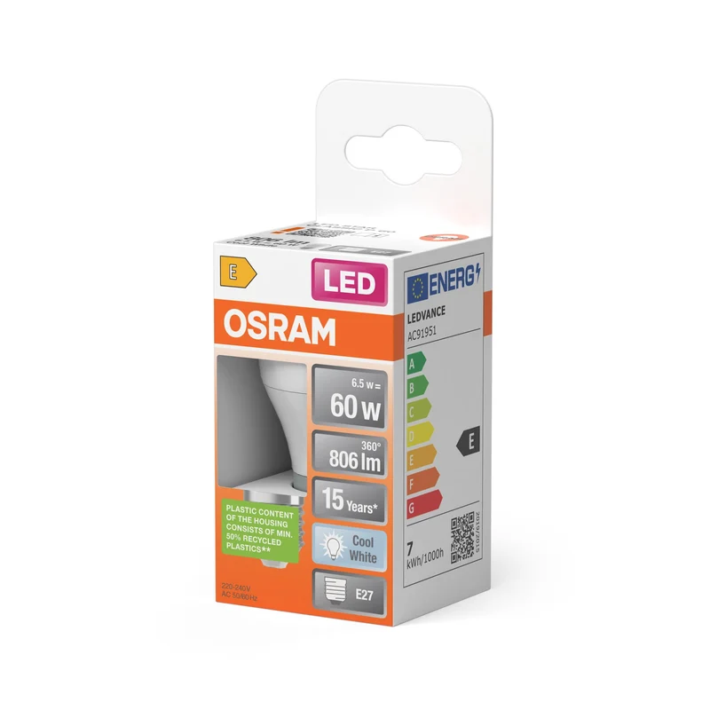 Lampes LED OSRAM, forme mini boule classique, remplacement 60 watts, E27, forme P, 4000 Kelvin, blanc froid, mat, paquet individuel, E27