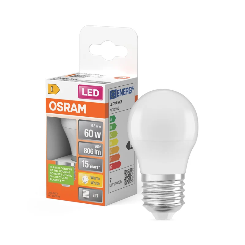 Lampes LED OSRAM, forme mini boule classique, remplacement 60 watts, E27, forme P, 2700 Kelvin, blanc chaud, mat, paquet individuel