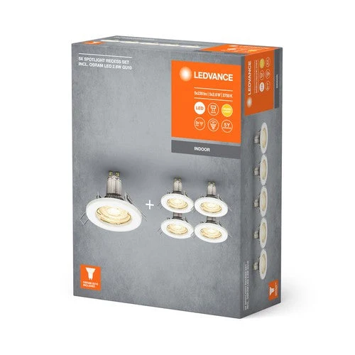 LEDVANCE Spots encastrables en lot de 5, Ø 80mm, incl. 5x ampoules GU10-OSRAM (5x 2,6W), blanc, boîtier métallique, protection IP20