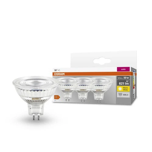 Ampoules LED réflecteur MR16 OSRAM avec culot enfichable Retrofit, remplacement de 50 watts, GU5.3, réflecteur MR16, 2700 Kelvin, blanc chaud, verre transparent, pack de 3