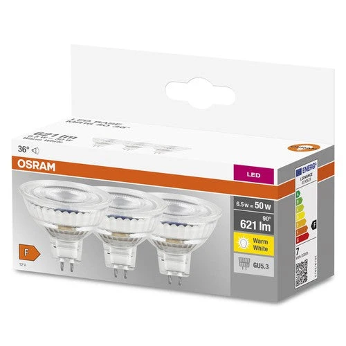 Ampoules LED réflecteur MR16 OSRAM avec culot enfichable Retrofit, remplacement de 50 watts, GU5.3, réflecteur MR16, 2700 Kelvin, blanc chaud, verre transparent, pack de 3