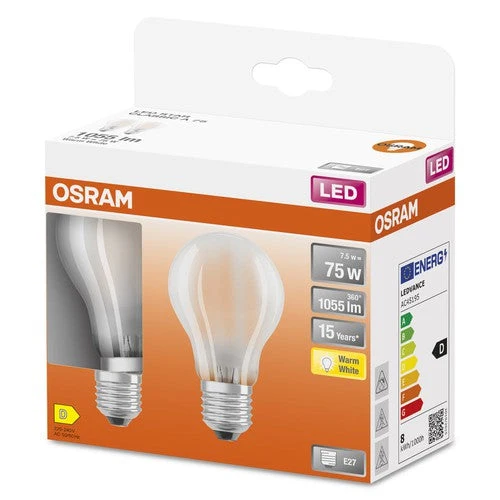 Ampoules LED OSRAM, forme classique en ampoule, remplacement de 75 watts, E27, A-shape, 2700 Kelvin, blanc chaud, verre transparent, pack de 2