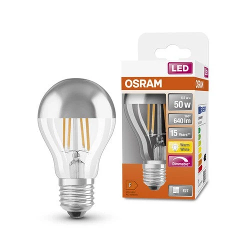 OSRAM ampoules LED, forme classique en ampoule, avec couronne miroir, dimmable, remplacement 50 watts, E27, forme A, 2700 kelvin, blanc chaud, verre clair