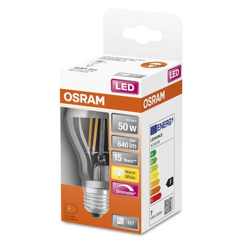 OSRAM ampoules LED, forme classique en ampoule, avec couronne miroir, dimmable, remplacement 50 watts, E27, forme A, 2700 kelvin, blanc chaud, verre clair