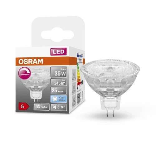 Ampoule LED à intensité variable MR16 OSRAM avec culot GU5.3, blanc froid (4000K), 4.9W, remplace une ampoule à réflecteur de 35W, LED SUPERSTAR MR16 12 V