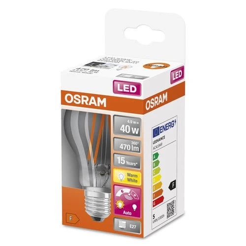 OSRAM Star+ ampoule LED avec capteur de lumière du jour pour culot E27, aspect filament ,blanc chaud (2700K), 470 lumens, remplace les ampoules traditionnelles de 40W, non dimmable, pack de 1, E27