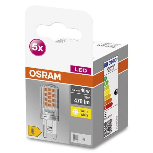 OSRAM lampe LED à broche BASE PIN G9 lampe LED CL40 non dimmable 4.2W, G9, blanc chaud pack de 5