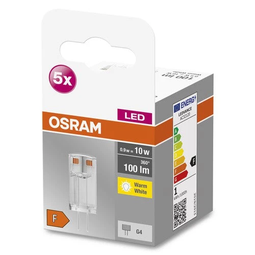 OSRAM lampe LED à culot à broche BASE PIN G4 12 V lampe LED CL10 non dimmable 0,9W, blanc chaud pack de 5