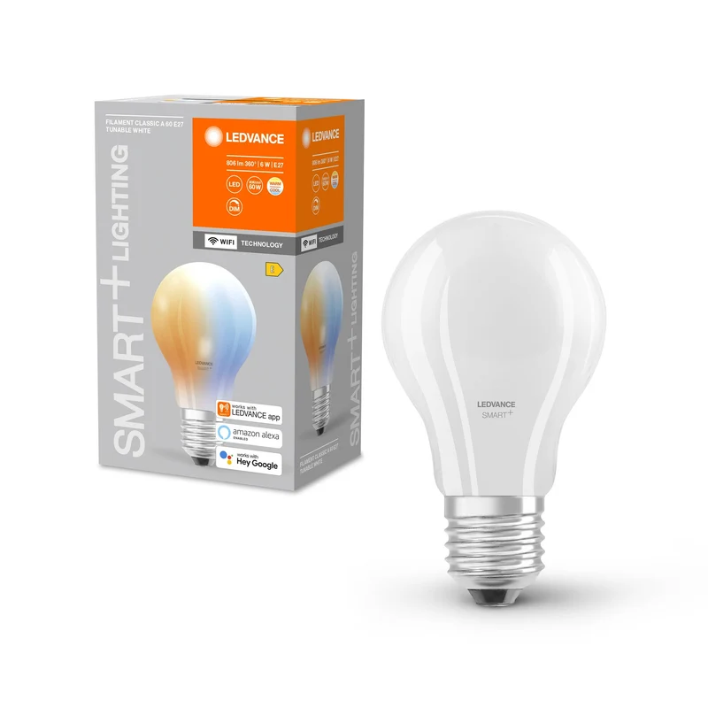 LEDVANCE Ampoule LED intelligente avec technologie WiFi, culot E27, à intensité variable, couleur de lumière modifiable (2700-6500K), remplace les ampoules à incandescence de 60 W, SMART+ WiFi Classic Tunable White, 1 pack