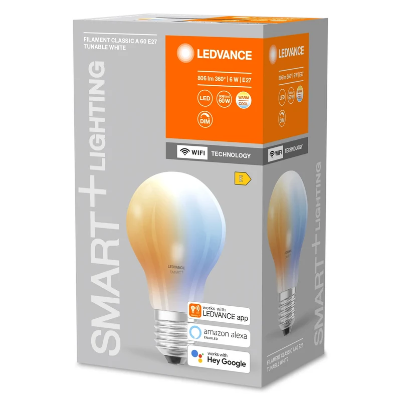 LEDVANCE Ampoule LED intelligente avec technologie WiFi, culot E27, à intensité variable, couleur de lumière modifiable (2700-6500K), remplace les ampoules à incandescence de 60 W, SMART+ WiFi Classic Tunable White, 1 pack