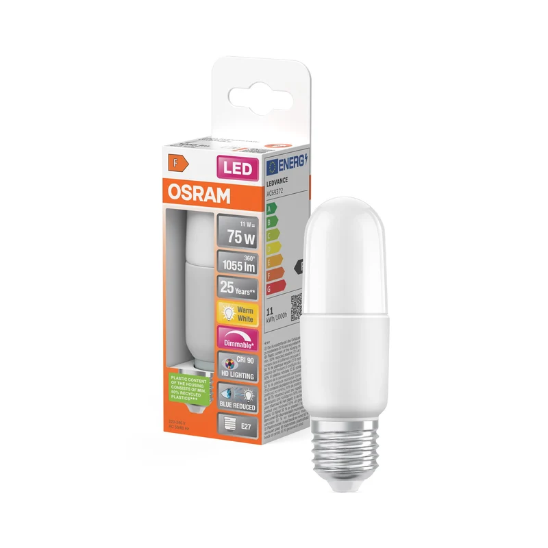 OSRAM Lampe LED dimmable LED SUPERSTAR+ CL STICK FR 75 DIM 11W/827 E27 IRC90 BOÎTE, E27, Blanc chaud