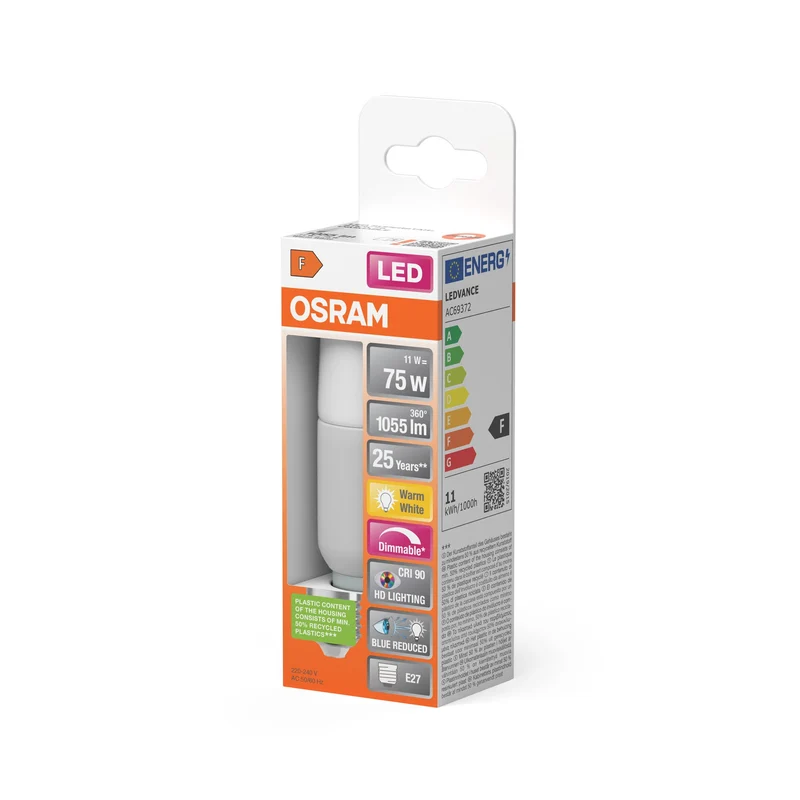 OSRAM Lampe LED dimmable LED SUPERSTAR+ CL STICK FR 75 DIM 11W/827 E27 IRC90 BOÎTE, E27, Blanc chaud