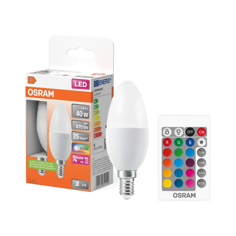 OSRAM Lampe LED Retrofit avec télécommande RGBW multicolore dimmable (ex 40W) 4,9W / 2700K blanc chaud E14